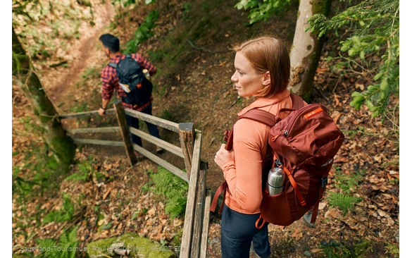 Zwei Wandernde auf einem Pfad im Wald